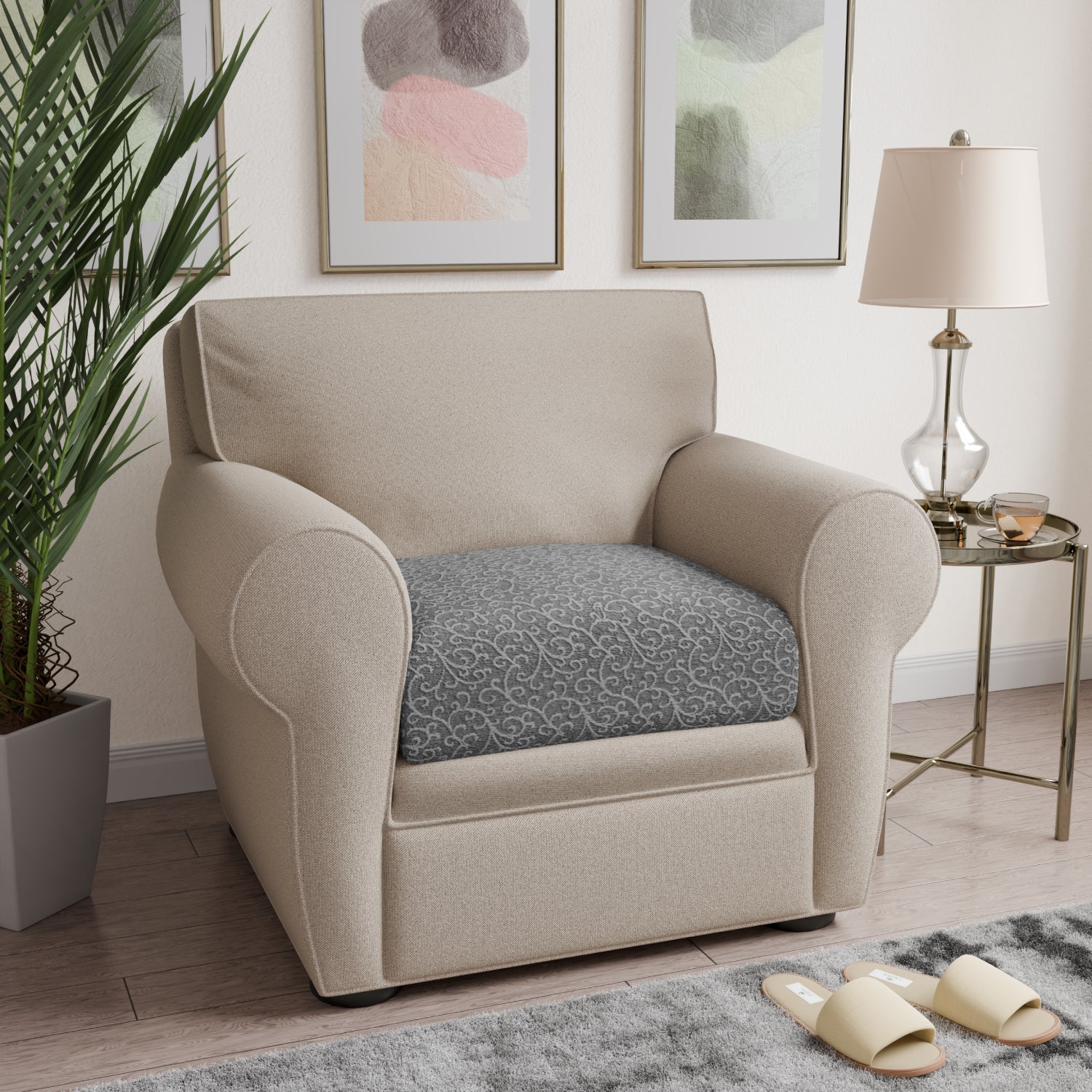 Grey Arabesco Seat Cushion Cover, Jacquard 3D Collection