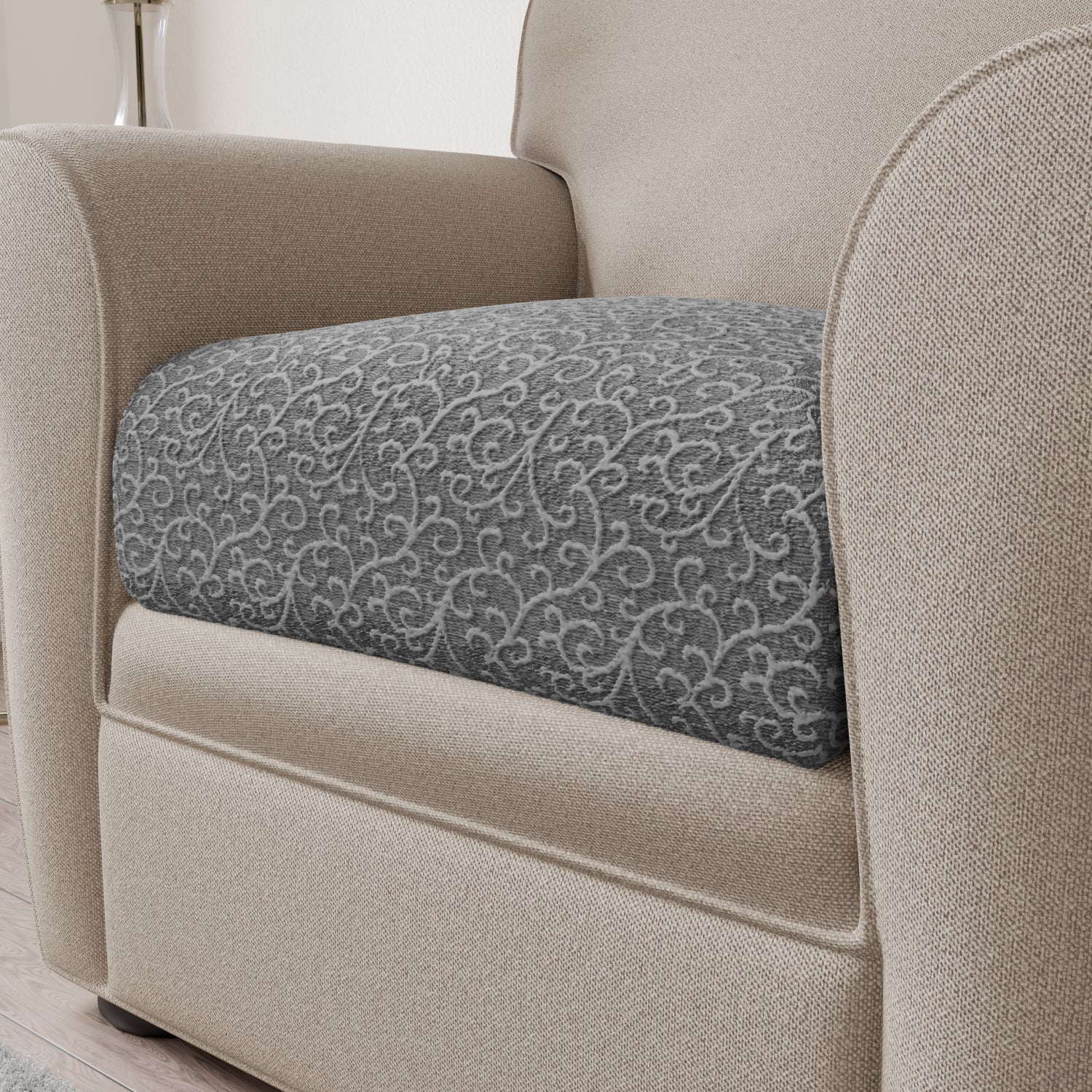 Grey Arabesco Seat Cushion Cover, Jacquard 3D Collection