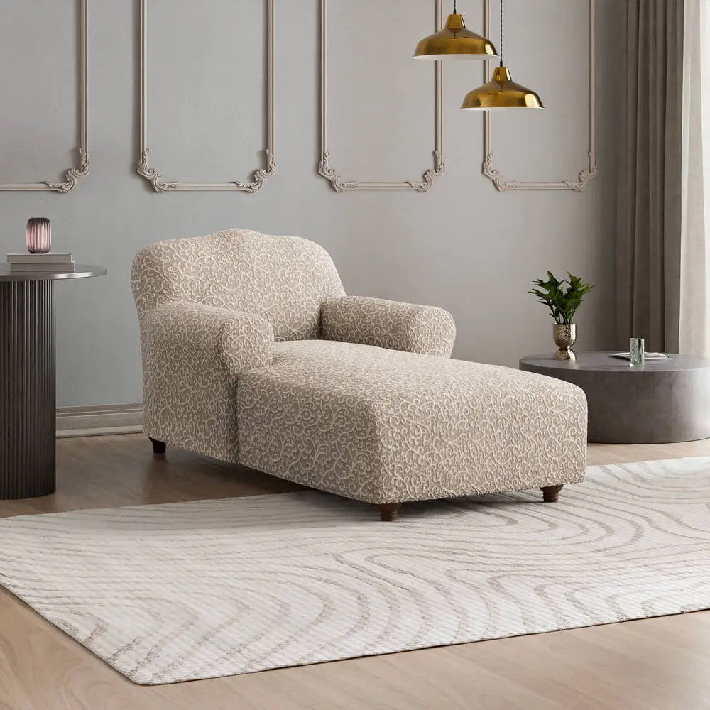 Beige Arabesco Chaise Lounge Slipcover, Jacquard 3D Collection