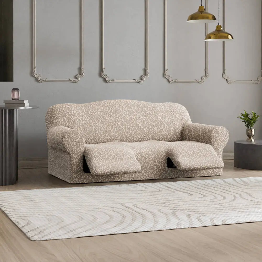Beige Arabesco 3 Seater Recliner Slipcover, Jacquard 3D Collection