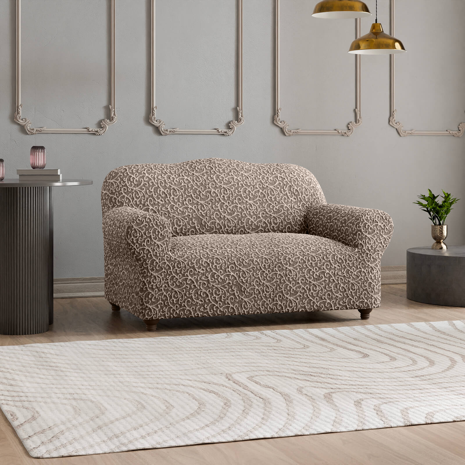 Brown Arabesco Loveseat 2 Seater Slipcover, Jacquard 3D Collection