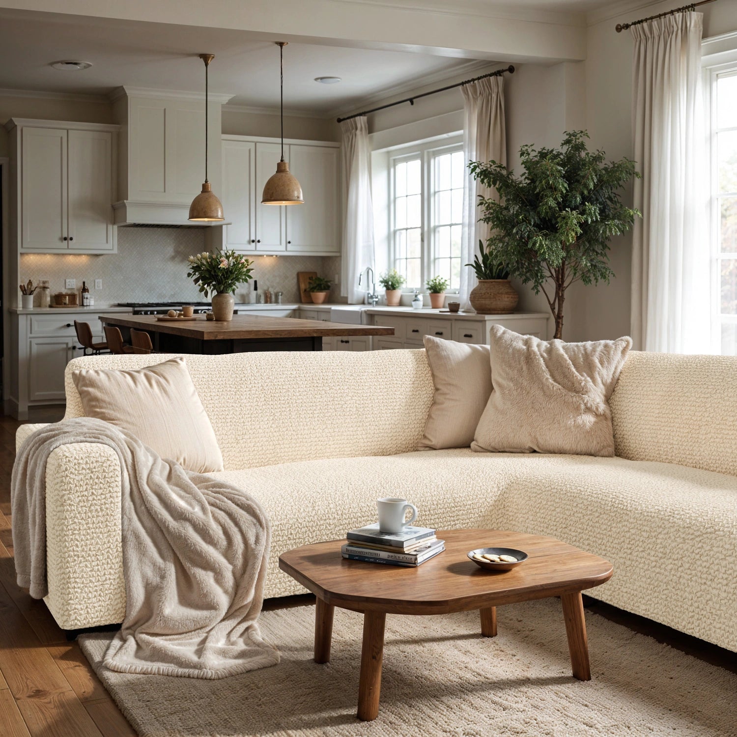 Cream Corner Sofa Slipcover, Microfibra Collection