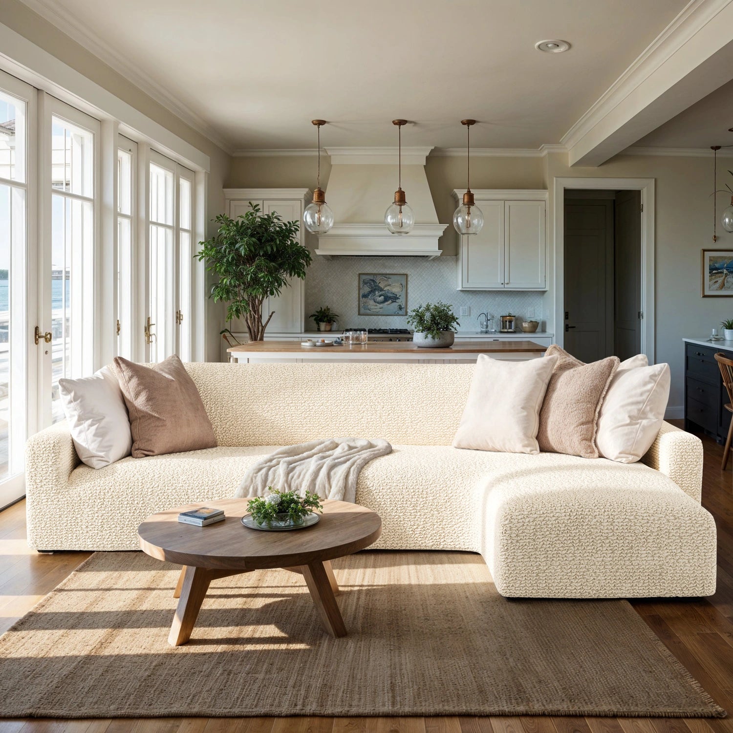 Cream L-Shaped Sofa Slipcover (Right Chaise), Microfibra Collection
