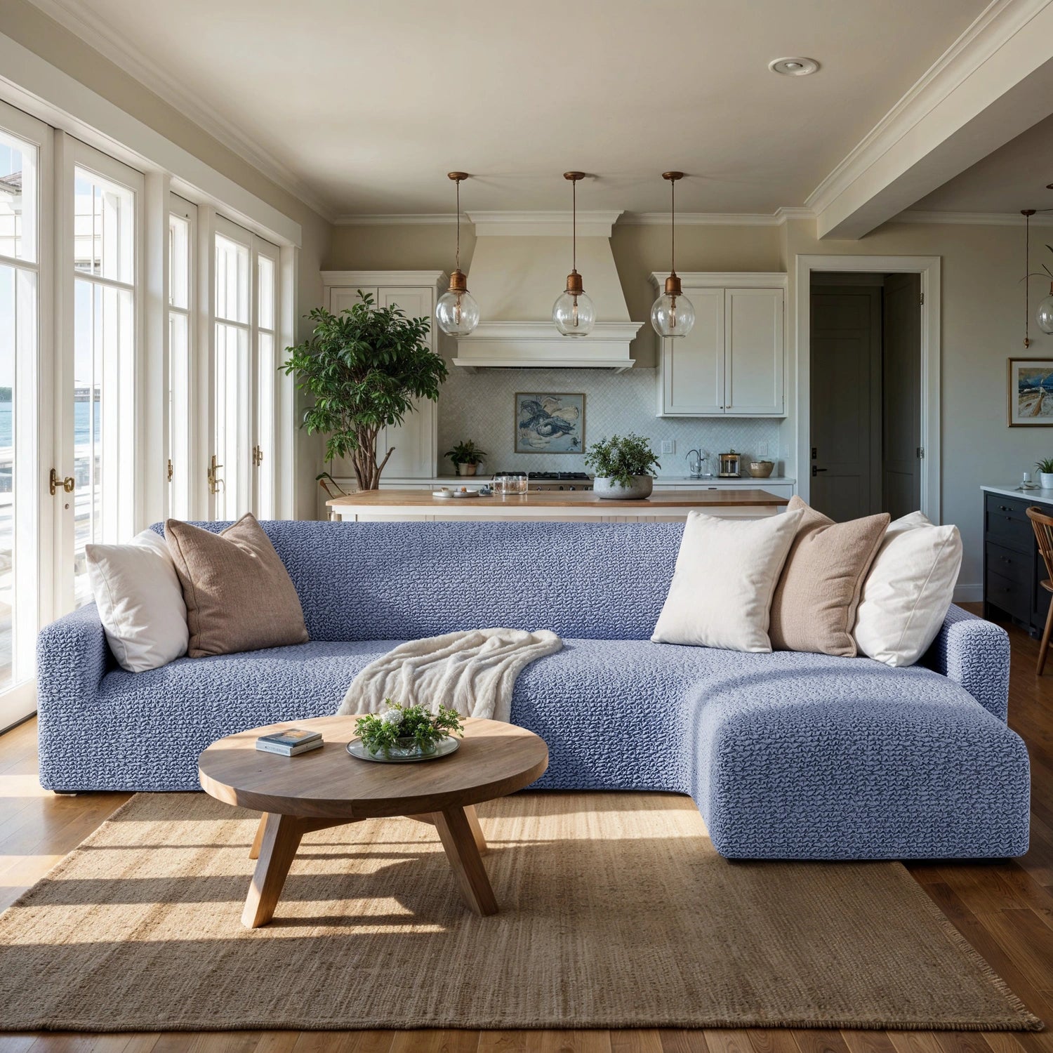 Blue L-Shaped Sofa Slipcover (Right Chaise), Microfibra Collection