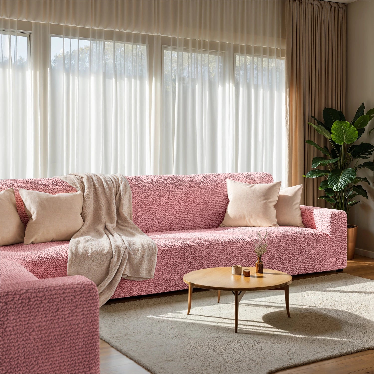 Coral Pink Corner Sofa Slipcover, Microfibra Collection