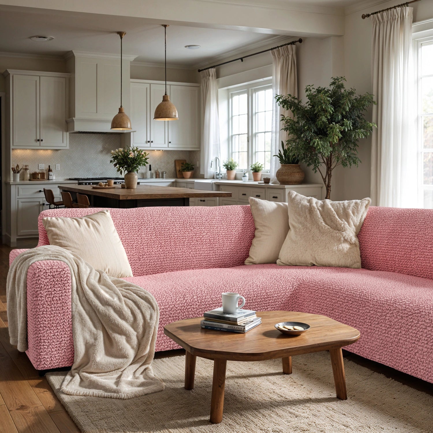 Coral Pink Corner Sofa Slipcover, Microfibra Collection