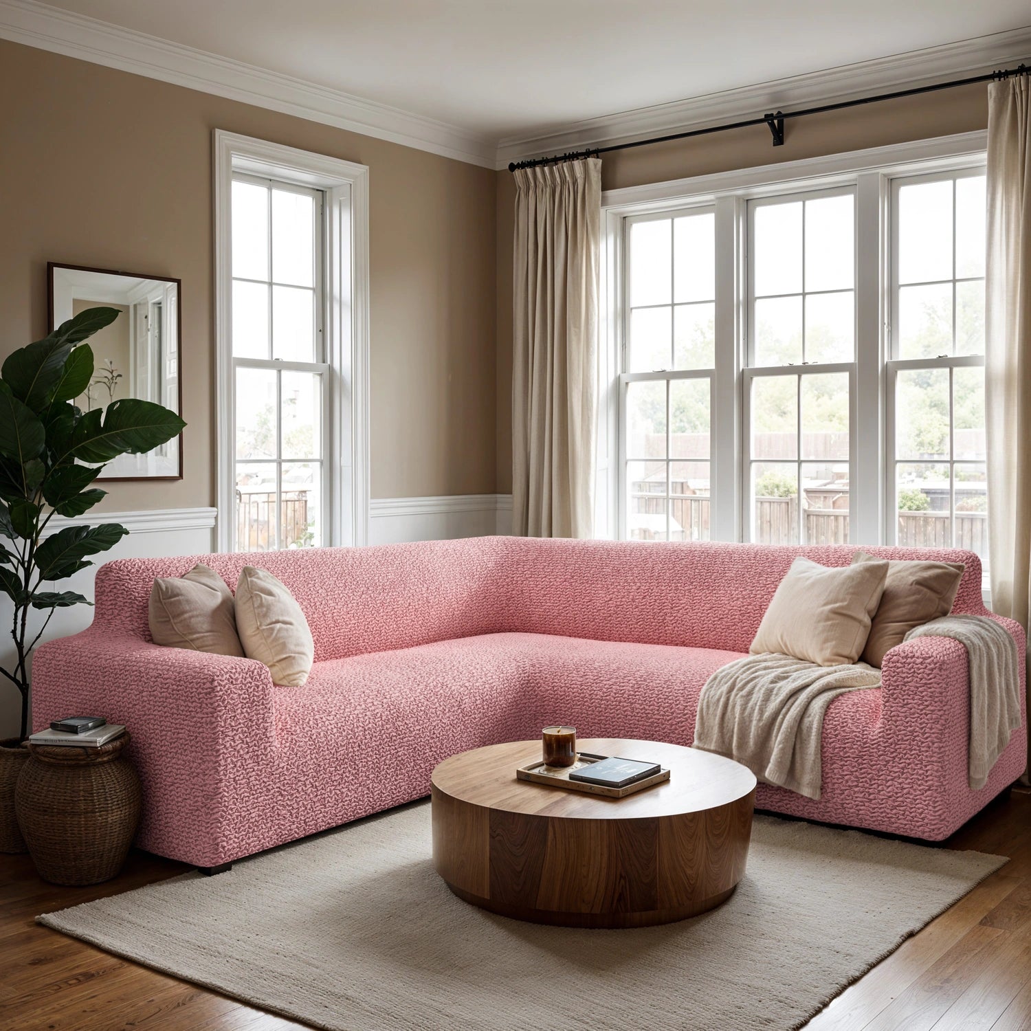 Coral Pink Corner Sofa Slipcover, Microfibra Collection