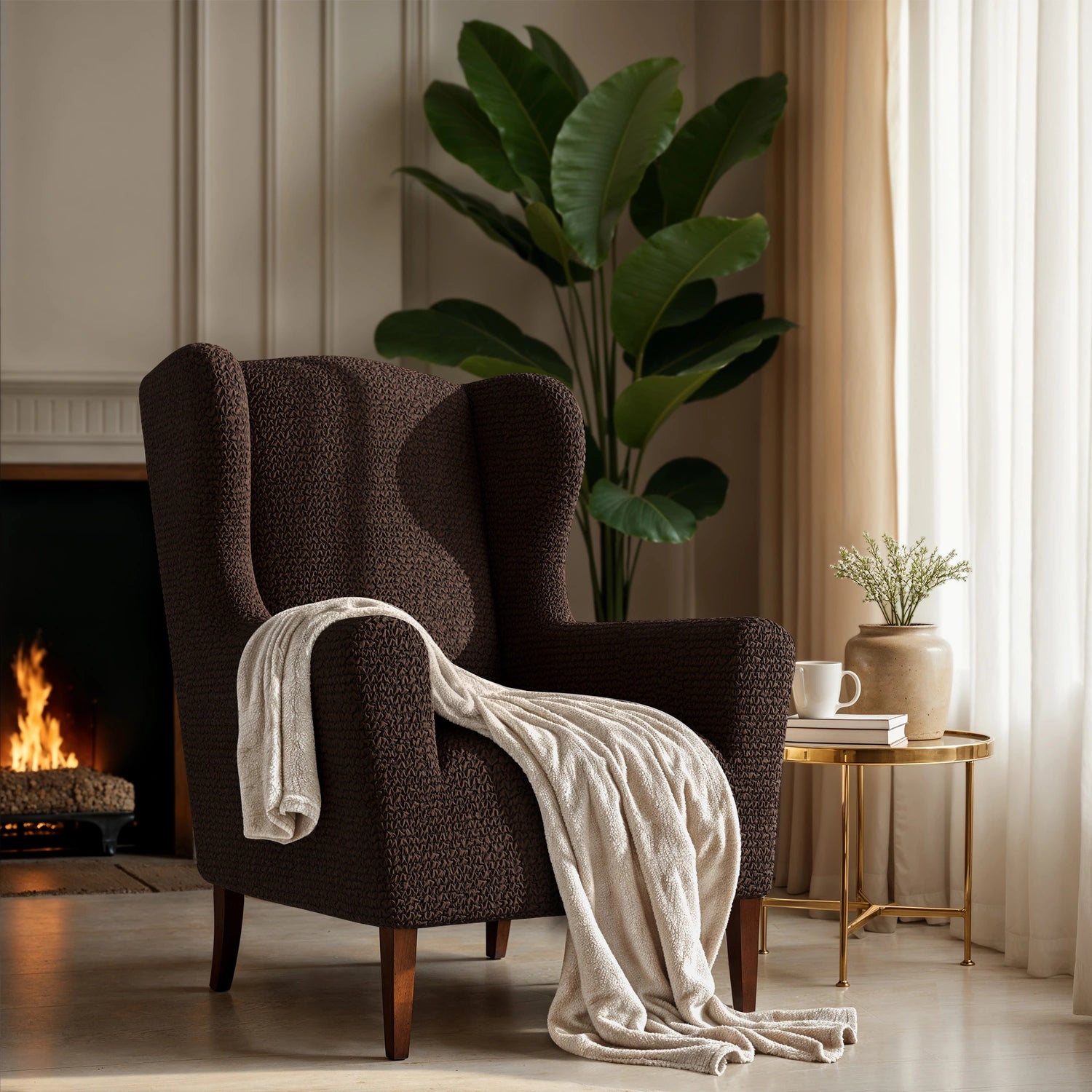 Dark Brown Wingback Chair Slipcover, Microfibra Collection