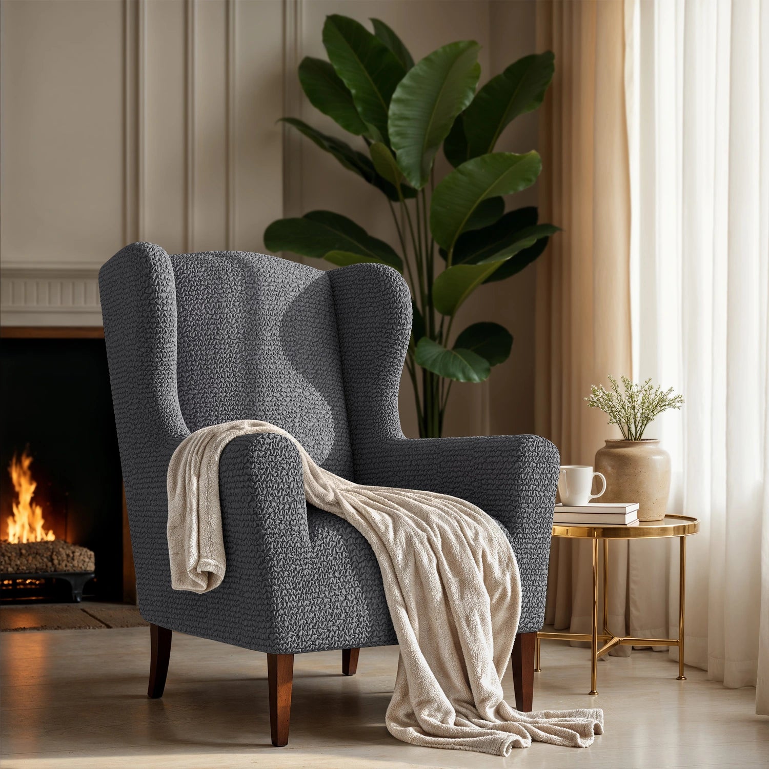 Dark Grey Wingback Chair Slipcover, Microfibra Collection