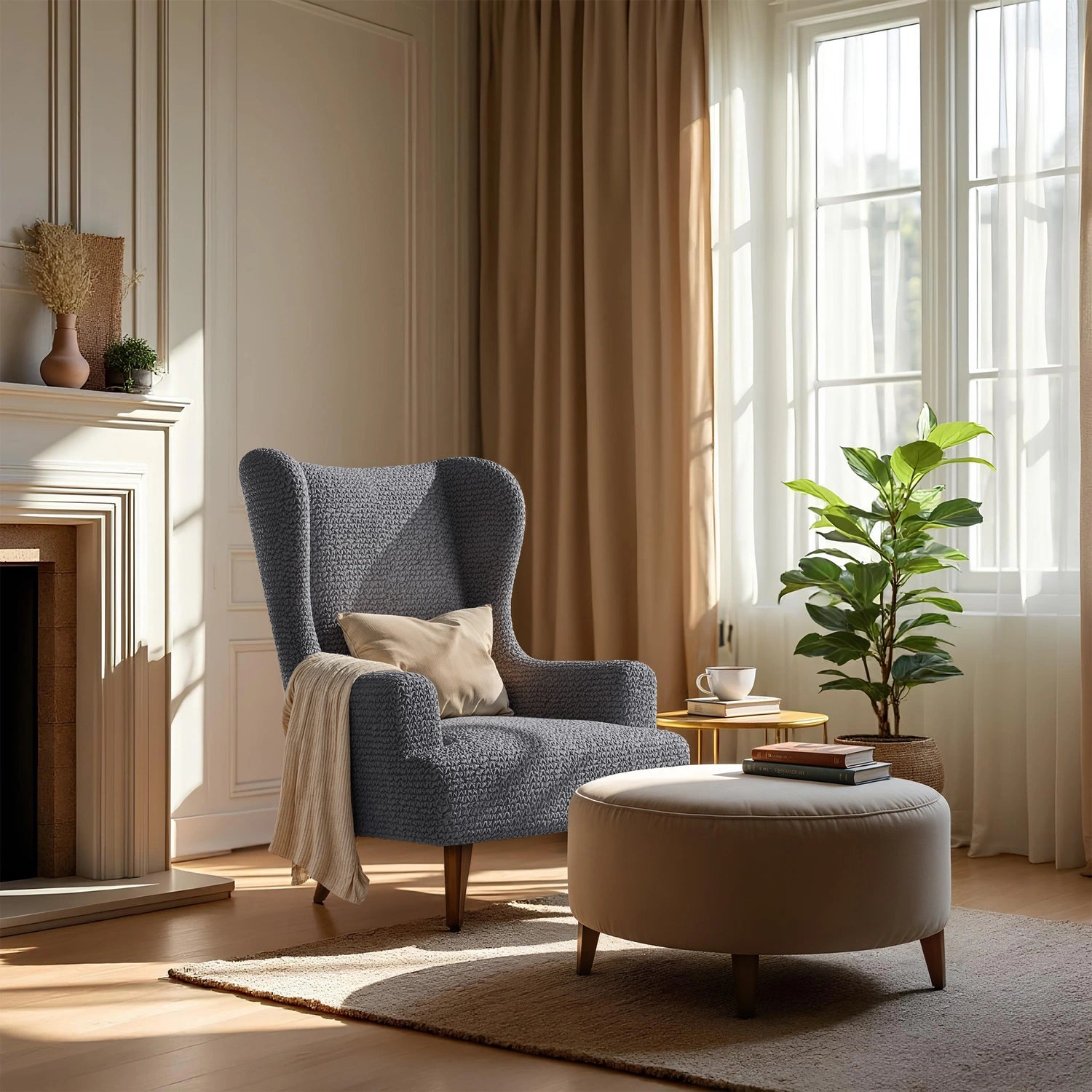 Dark Grey Wingback Chair Slipcover, Microfibra Collection