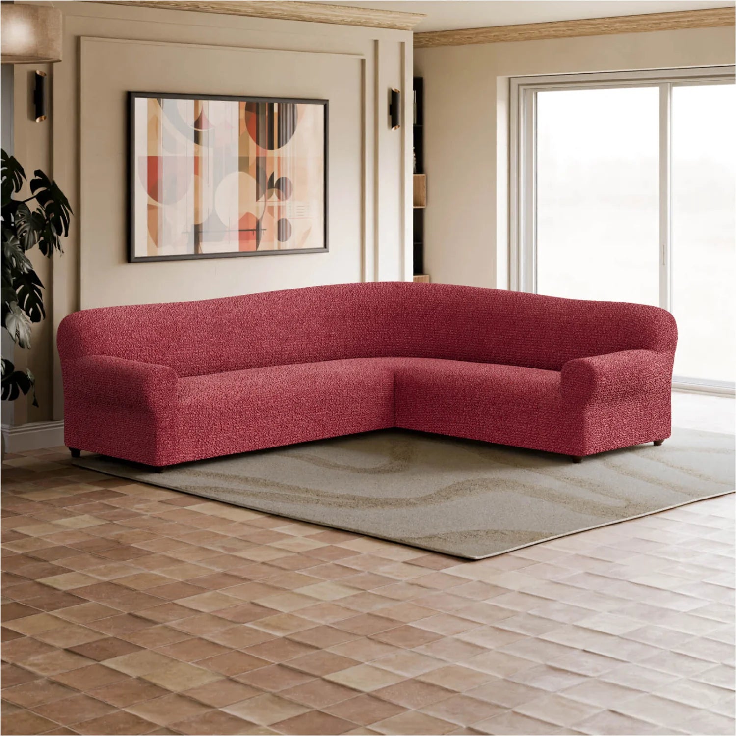 Burgundy Corner Sofa Slipcover, Mille Righe Collection