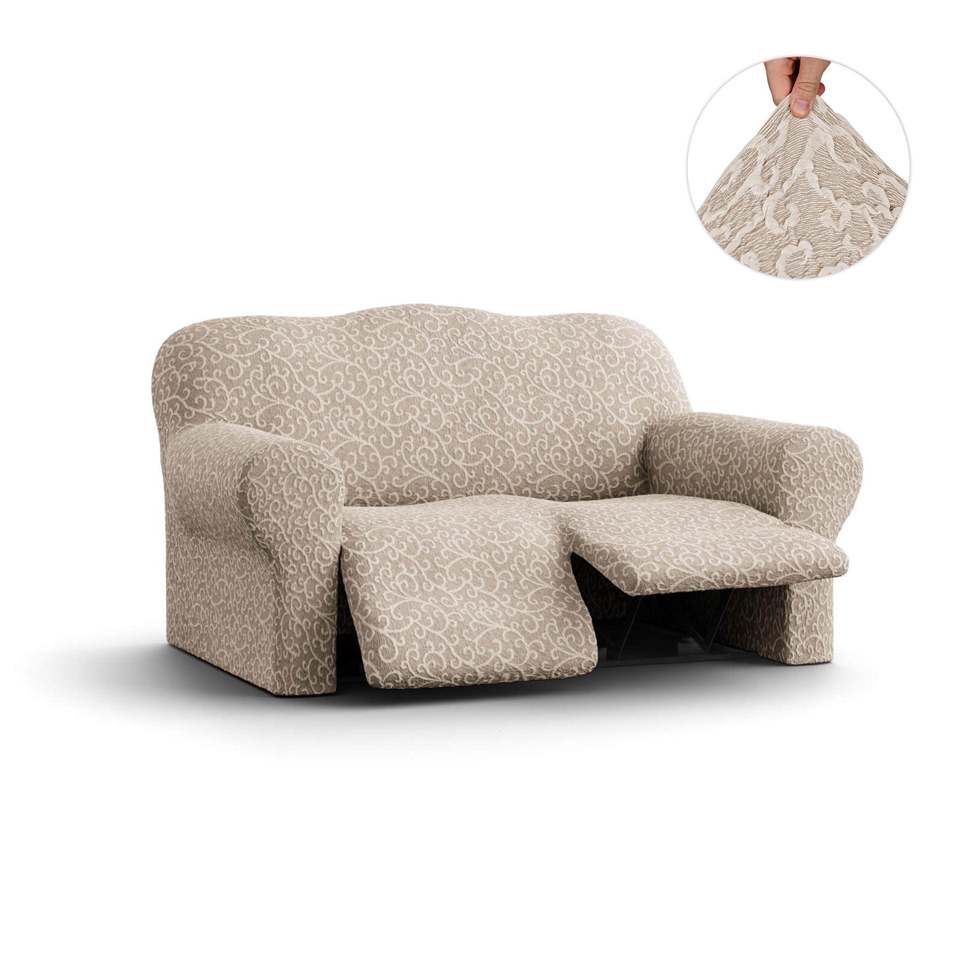 Beige Arabesco 2 Seater Recliner Slipcover, Jacquard 3D Collection
