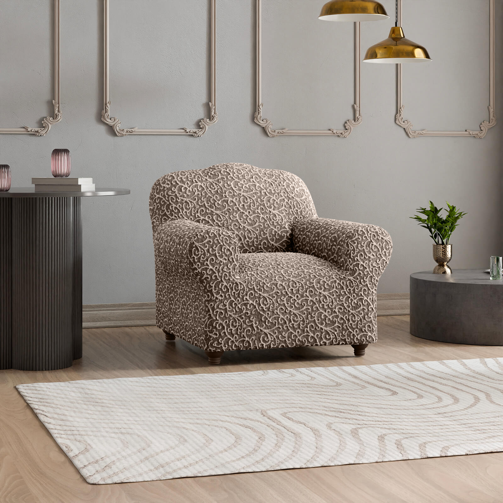 Brown Arabesco Armchair  Slipcover, Jacquard 3D Collection