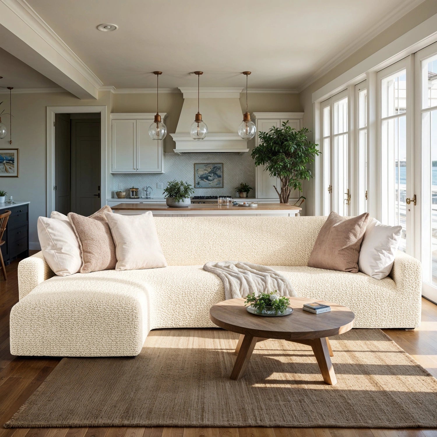 Cream L-Shaped Sofa Slipcover (Left Chaise), Microfibra Collection