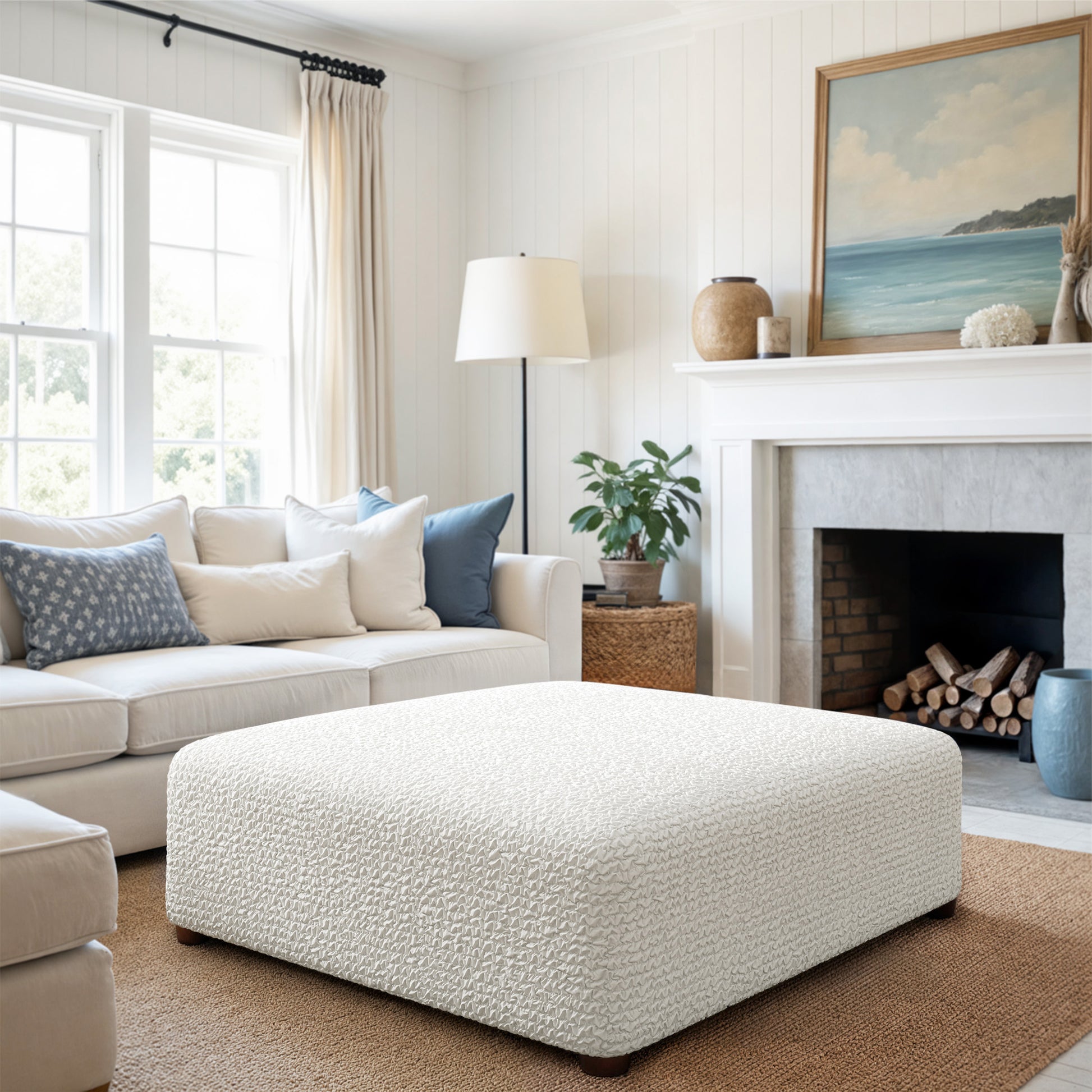 Crisp White Ottoman Slipcover (Large), Microfibra Collection