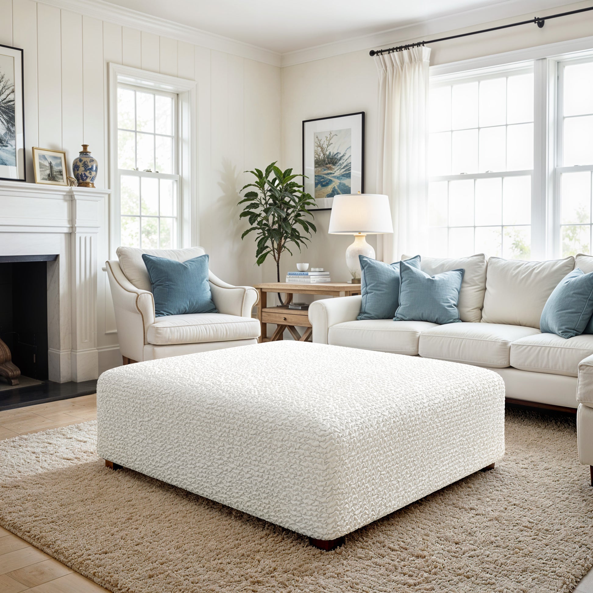 Crisp White Ottoman Slipcover (Large), Microfibra Collection